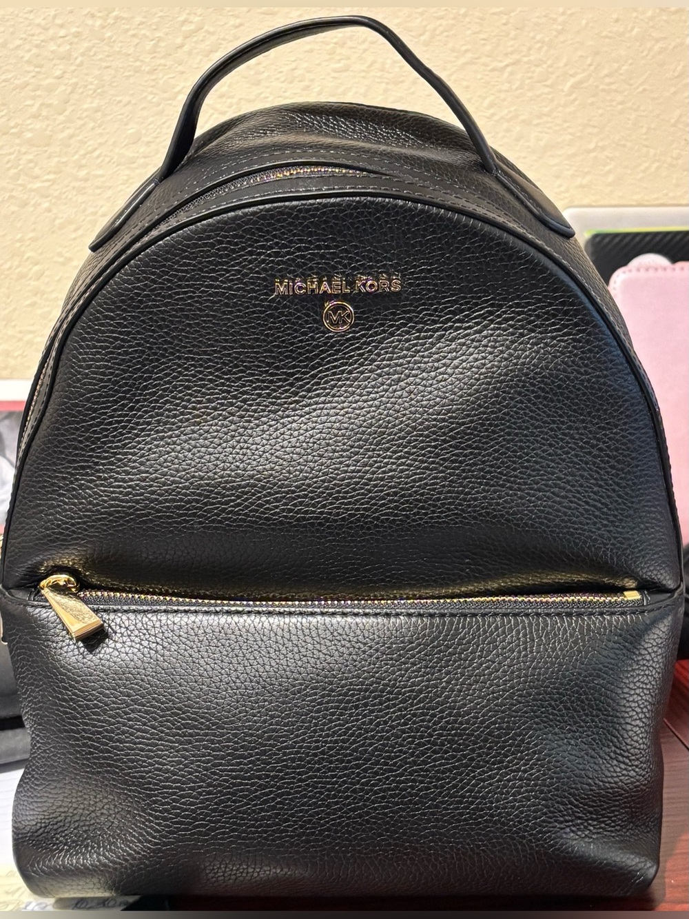 NWOT Michael Kors Valerie Pebble Leather Backpack with Gold Hardware, Black